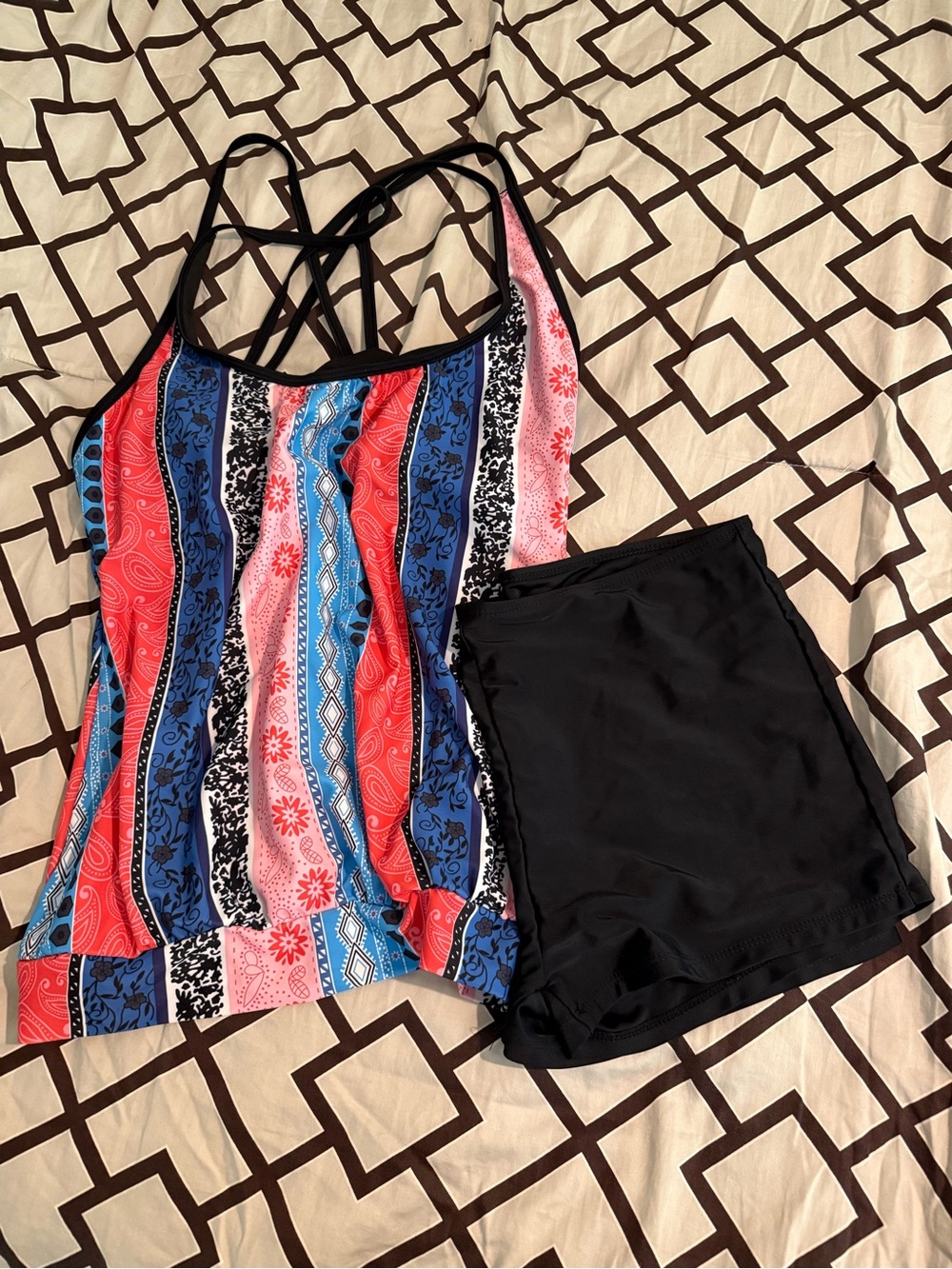 Multi‑Stripe Tankini Top, Black Swim shorts, black tankini top, blue swim shorts
